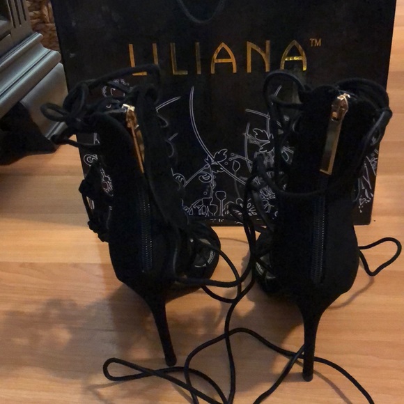 Black Faux Suede Crisscross Lace Up High Heels - Picture 4 of 9